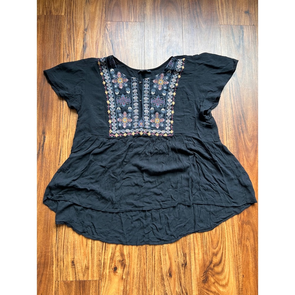 American Eagle Embroidered Peplum Top Women XL Black Boho Festival Gauze Top
